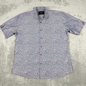 Maceoo Mens XL Short Sleeve Button Down Shirt Purple Geometric Italian Jacquard